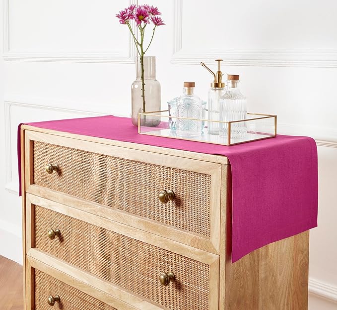Solino Home Linen Table Runner 36 Inches - 100% Pure Linen Festive Fuchsia Table Runner 14 x 36 Inch Ideal for Dresser and Coffee Tables, Valentines, Spring, Easter - Diana Medium Weight