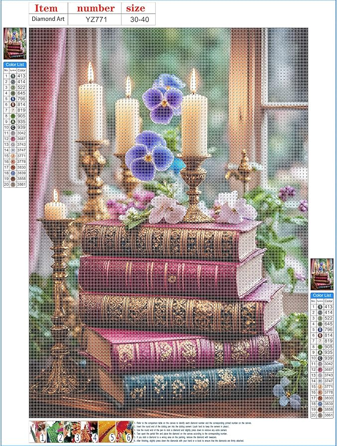 DPHERO Antique Books Diamond Painting Kits for Beginners Adults,5D DIY Candles Diamond Art Kits,Round Full Drill Window Gem Art Crafts,DIY Painting by Numbers for Home Wall Decor 12x16 inch