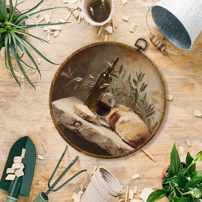 Hiuwevt Vintage Bread Kitchen Round Wall Art Decor, Farmhouse Moody Wine Framed Canvas Prints, Rustic Cottagecore Round Wall Hanging Decor for Bakery Kitchen Dining Room Decorations, 10x10 Inches