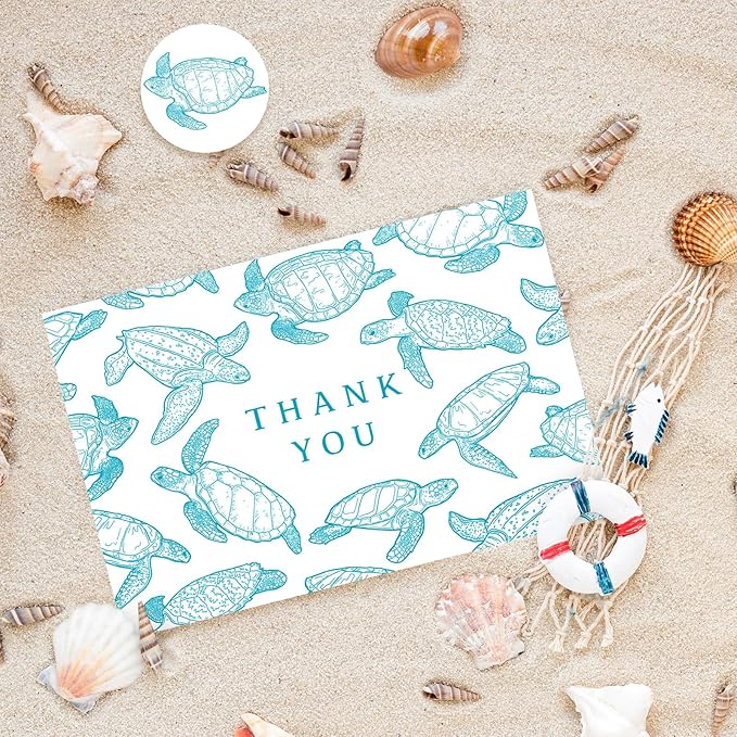 Whaline 24 Pack Ocean Thank You Card Greeting Cards with Envelopes Stickers Teal Sea Turtle Blank Note Cards for Summer Birthday Baby Shower Party Supplies