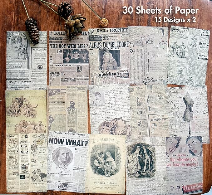 Vintage Scrapbook Stickers and Ephemera Pack – Pre Cut Design Scrapbooking Supplies with 216 Washi Stickers & 30 Papers for Jounk Journaling, Planners, DIY Crafts, Card Making