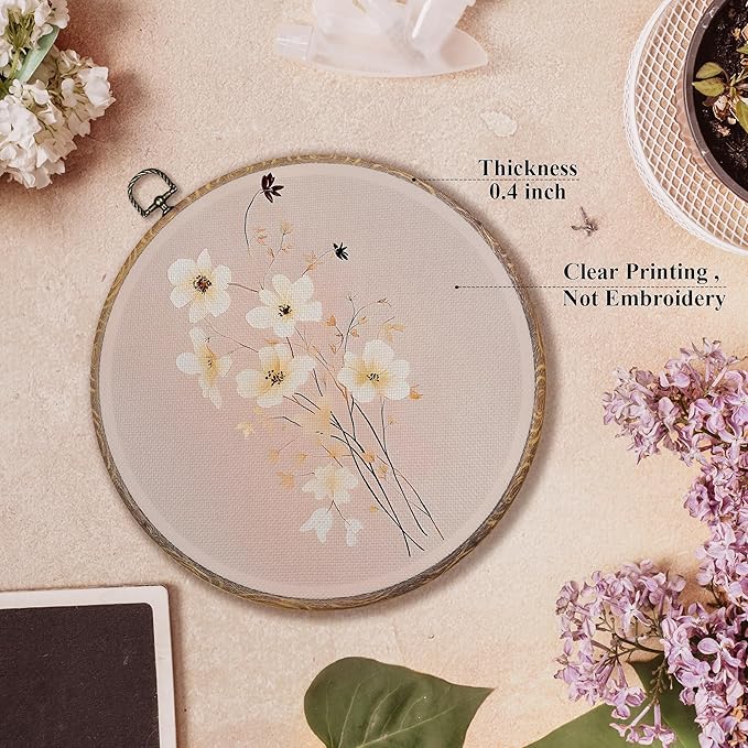 FUGWN Pink Floral Botanical Round Wall Art Decor Framed, Cottagecore Wildflower Botanical Canvas Artwork Prints, Retro Pink Floral Wall Hanging Decorations for Home Bedroom Living Room, 10x10 Inch