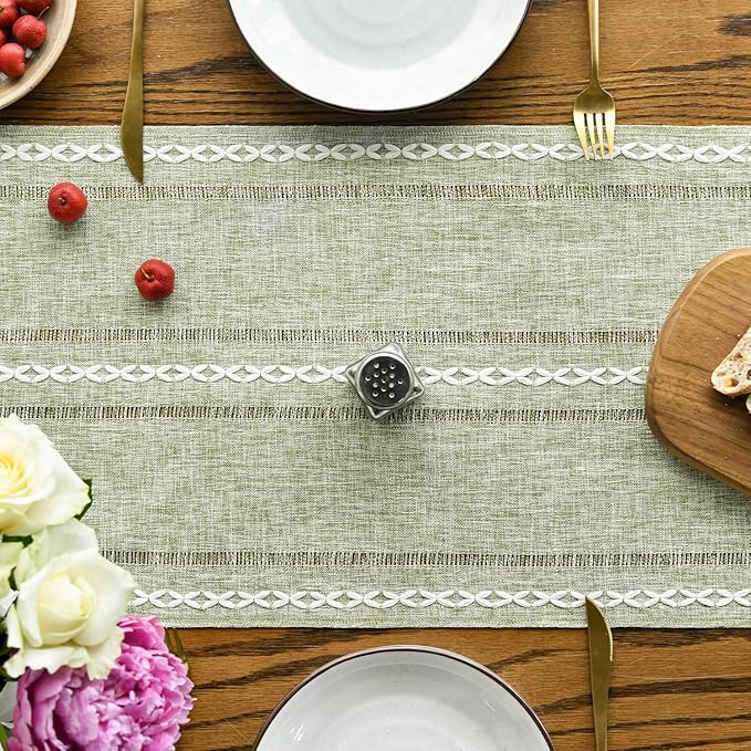 Artoid Mode Sage Green Rustic Cotton Linen Table Runner, Seasonal Embroidered Hollow Kitchen Dining Table Decoration for Home Party Decor 13x60 Inch