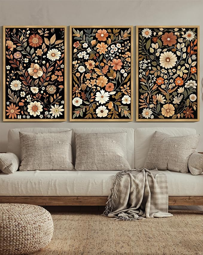 KUVIOKE Orange Vintage Flower Framed Wall Art Boho Floral Wall Decor Retro Wildflower Modern Art Prints Bedroom Living Room Home Decor 24x36in (Natural Framed)