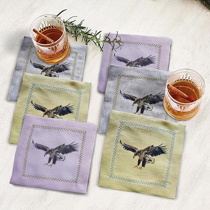 Cocktail Napkins Set of 6, 6x6 inch, 100% Linen, Printed Animal Pattern, Reusable & Washable Cloth Coasters for Beverages, Hosting, Gifting & Everyday Use (Eagle - Colorful)