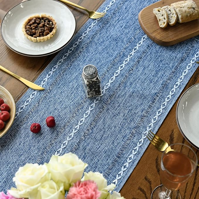 Artoid Mode Blue Rustic Cotton Linen Table Runner, Seasonal Embroidered Hollow Kitchen Dining Table Decoration for Home Party Decor 13x60 Inch