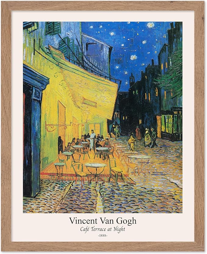 Monem Art Vintage Van Gogh Poster - Retro Cafe Terrace at Night Print - Impressionism Art - Fine Art - Classic Painting Art - Aesthetic Living Room or Bedroom Wall Decor - 16x20 Beige Framed
