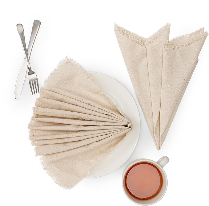 Lightnpro Flax Linen Napkins Set of 12, Beautiful Handmade Fringe Dinner Cloth Napkins, Washable and Reusable for Dining, Parties, Weddings, Holiday & Everyday Use - 18x18 Inch Natural Color