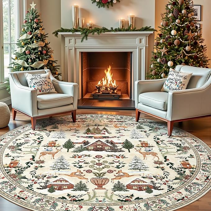 jinchan Round Christmas Rug for Dining Room 8ft Circle Holiday Rug for Living Room Printed Christmas Tree and Cabin 8'Soft Indoor Carpet for Bedroom Washable Non-Slip Winter Xmas Decor Green on Beige