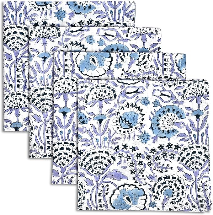 CPC Cloth Napkins 100% Cotton Set of 4 Reusable Napkins, Indian Block Print Toile Floral Dinner Napkin, Fall Thanksgiving Christmas Holiday Party Gift - Soft Absorbent Napkin, 18"x18" Indigo Blue