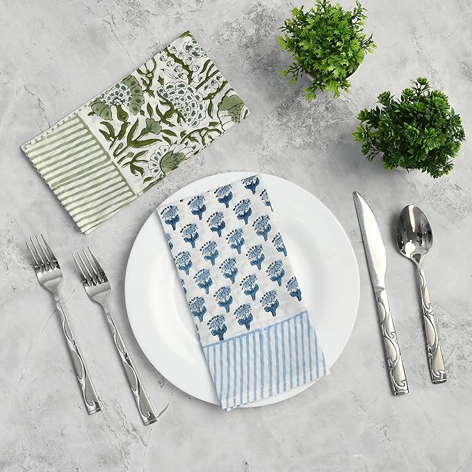 CPC Cloth Napkins 100% Cotton Set of 4 Reusable Napkins, Indian Block Print Toile Floral Dinner Napkin, Fall Thanksgiving Christmas Holiday Party Gift - Soft Absorbent Napkin, 18"x18" Stripe Border
