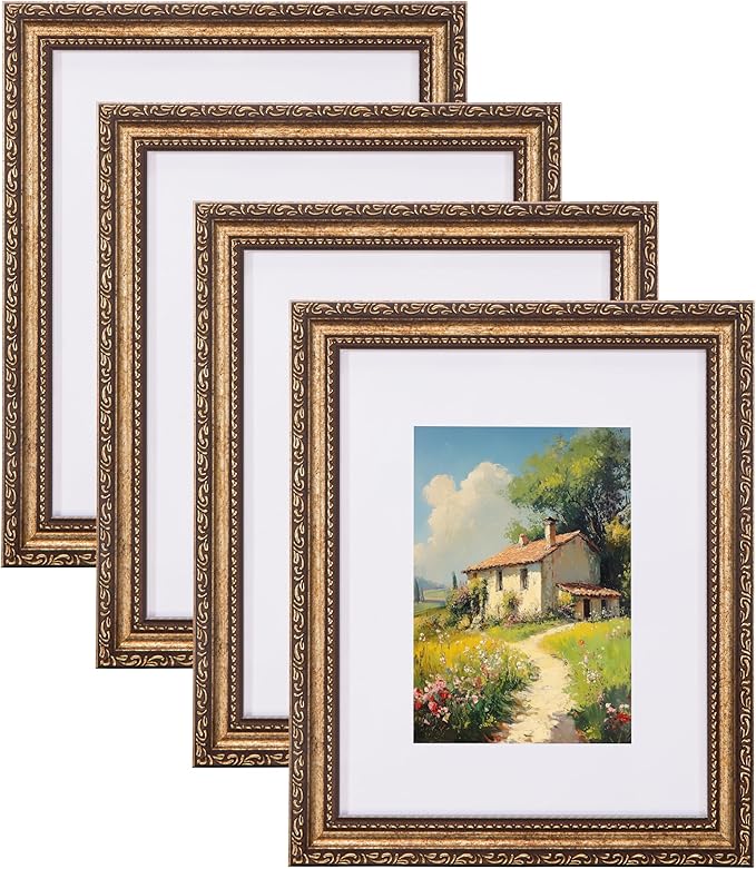eletecpro 8x10 Picture Frames Set of 4, Vintage 8 x 10 Photo Frames with Glass, Display 5x7 Photo with Mat or 8x10 without Mat for Tabletop or Wall Decor, Bronze Gold