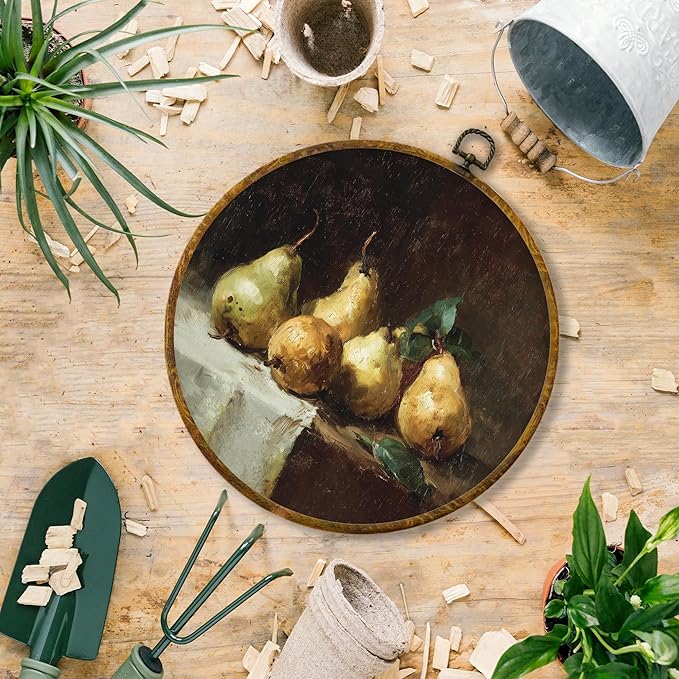 Hiuwevt Vintage Rustic Pear Fruit Kitchen Round Wall Art Decor, Farmhouse Country Framed Canvas Prints, Retro Pear Fruit Round Wall Hanging Decor for Kitchen Dining Room Decorations, 10x10 Inches