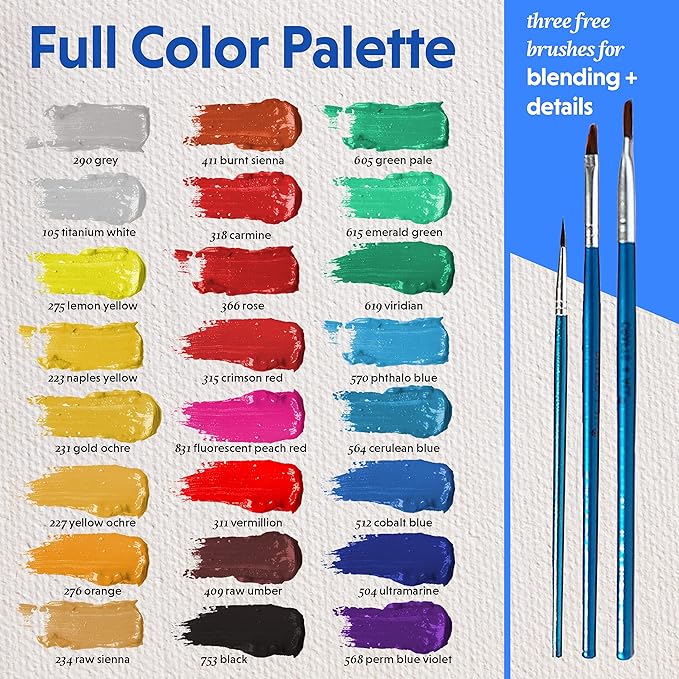 Acrylic Paint Set for Adults and Kids - 24 Pack of 12mL Paints with 3 Art Brushes, Non-Toxic Craft Paint for Easter Eggs, Ceramic Rock Paint - Art Supplies