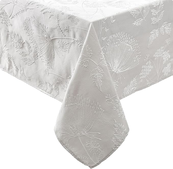 Laura Ashley Tablecloth Raised Woven Embroidered Jacquard Fabric, Wrinkle Resistant for Dining, Holiday, Party, Wedding or Banquet, 60" x 84", Cynthia Beige