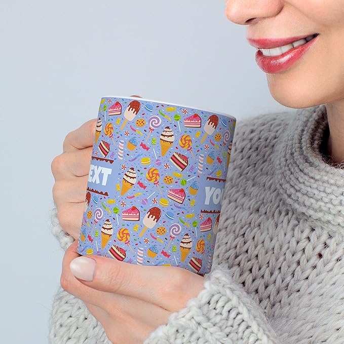 Personalized Mug for Kids - Sweets - Custom Name/Text, Ceramic Hot Chocolate/Cocoa/Coffee Cup for Boys/Girls, Birthday/Christmas/Holiday Gift - 11 oz, Pink Handle