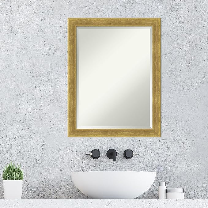 Amanti Art Gold Wall Mirror 27x21 Angled Gold Rectangle Bathroom Mirror for Wall Decor Living Room, Medium Modern Wood Frame, Hangs Horizonally and Vertically, Bathroom Decor, Beveled Edge