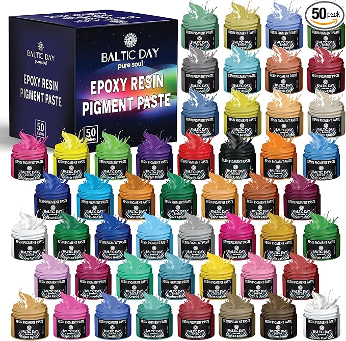 BALTIC DAY 50 Color Epoxy Pigment Paste Set – Opaque Resin Colorant, High Concentration Epoxy Dye & Mica Powder for Resin Art, Jewelry Making, Tumblers, Coasters, River Tables & DIY Crafts