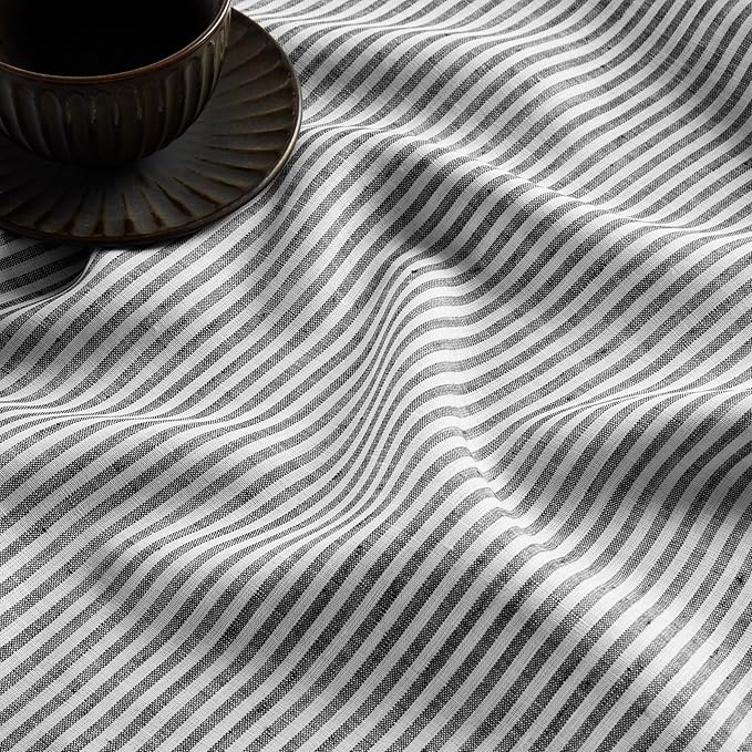 Solino Home Linen Table Runner 120 Inches Long - Narrow Stripe, 100% Pure Linen Black and White Table Runner 14 x 120 Inch for Dining, Winter, Spring, Easter