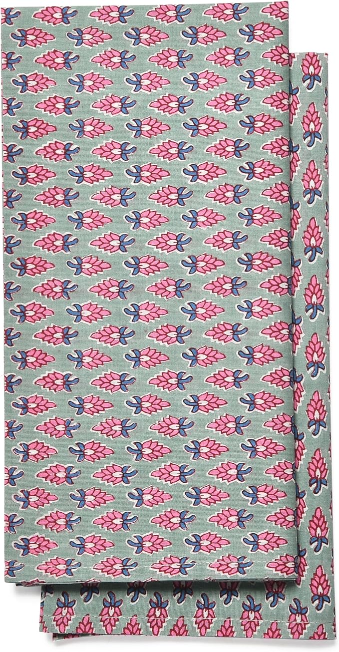 CPC Cloth Napkins 100% Cotton Set of 4 Reusable Napkins, Indian Block Print Toile Floral Dinner Napkin, Fall Thanksgiving Christmas Holiday Party Gift - Soft Absorbent Napkin, 18"x18" Grey Teal