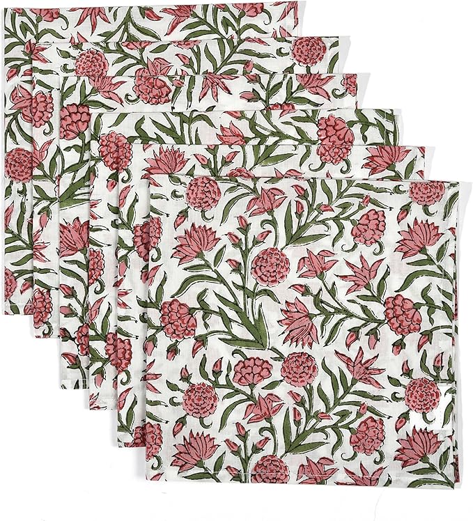 CPC Cloth Napkins 100% Cotton Set of 4 Reusable Napkins, Indian Block Print Toile Floral Dinner Napkin, Fall Thanksgiving Christmas Holiday Party Gift - Soft Absorbent Napkin, 18"x18" Red Garnet
