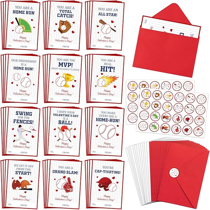 TICIAGA 144pcs Valentine’s Day Baseball Greeting Cards with Envelop and Stickers for Kids, 4 x 6 IN Sporty Design Baseball Exchange Gift Cards for Boys Girls Classroom Supplies, Valentines Party Favors