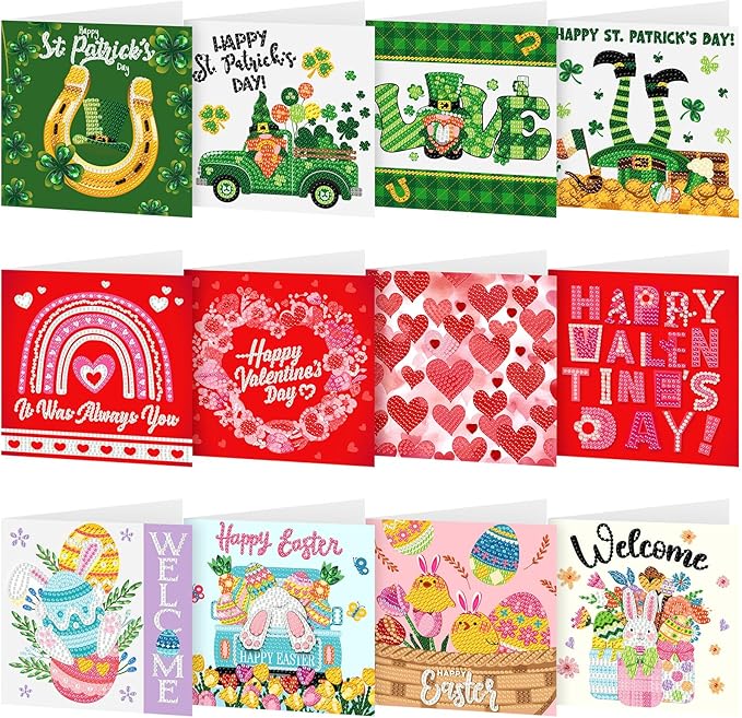 Saillong 12 Pack Valentines Diamond Painting Greeting Card Kits DIY Diamond Art Cards St Patricks Day Easter 5d Diamond Painting Cards with Envelopes for Adults DIY Crafts Family Friend Holiday Gifts