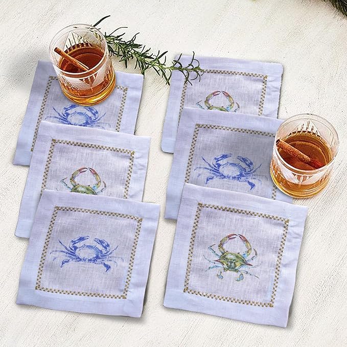 Cocktail Napkins Set of 6, 6x6 inch, 100% Linen, Printed Animal Pattern, Reusable & Washable Cloth Coasters for Beverages, Hosting, Gifting & Everyday Use (Crab)