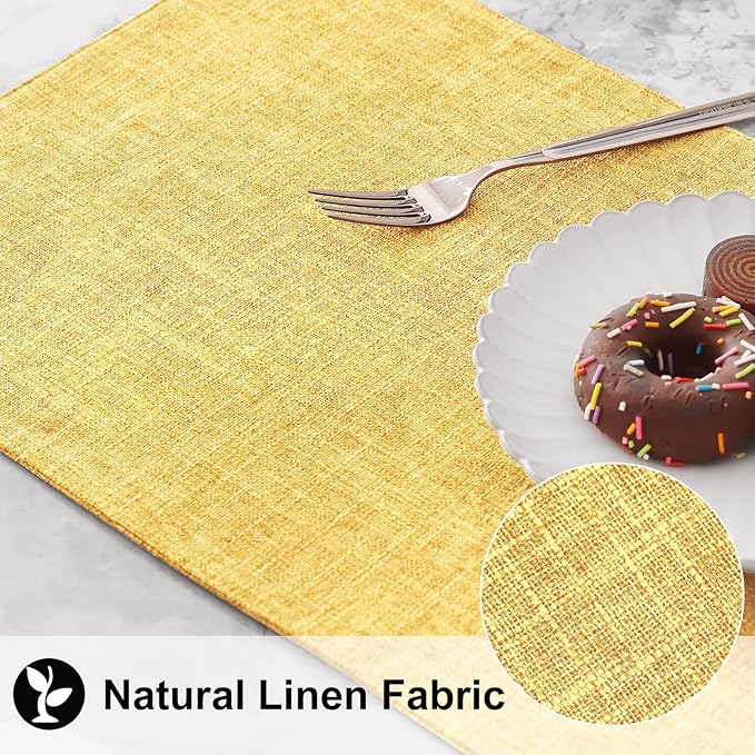 homing Cotton Linen Placemats Set of 8, Cloth Washable Farmhouse Dining Table Mats for Indoors & Outdoors, Easy to Clean, Mustard Yellow, 13 x 19 Inch
