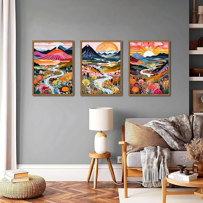 Floating Framed Boho Colorful Wall Art, Abstract Watercolor Mountain Landscape Wall Decor Painting Set of 3, Modern Flower Aesthetic Posters Prints for Living Room Bathroom Bedroom 12x16 Inch