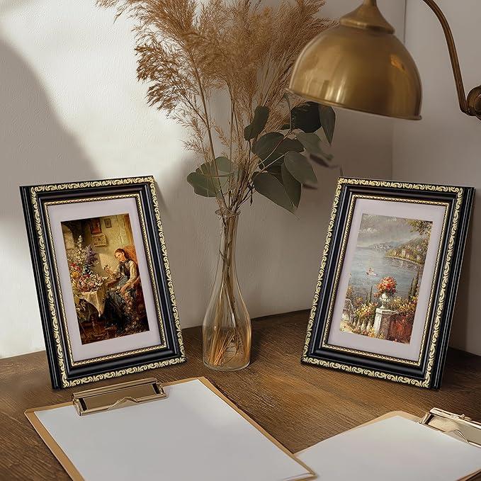 eletecpro 4x6 Picture Frames Set of 4, Ornate Vintage Photo Frames with Glass, Display 3.5x5 Photo with Mat or 4x6 without Mat for Tabletop or Wall Decor, Black Gold