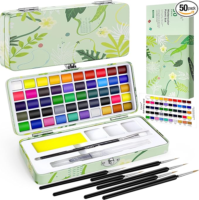 Caliart Watercolor Paint Set, 50 Colors Portable Travel Water Color Palette Kit with Detail Paint Brush, Art Supplies for Painting Coloring, Christmas Gifts for Artist Adult Teen Girls Boys Beginners