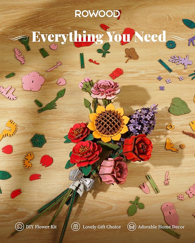 rowood 3D Puzzle Wooden Flower,DIY Artifical Flower Building Toy Set Craft Kit for Women,Mother's Day/Valentine's Day/Teacher's Day/Thanksgiving/Christmas/Birthday Choice-Red Rose