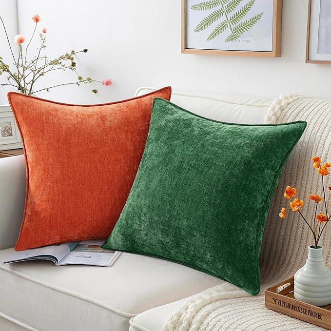 decorUhome Spring Couch Throw Pillow Covers 18x18 Set of 2, Decorative Soft Velvet Neutral Chenille Pillow Covers with Elegant Design for Sofa Bed Living Room Home Decor, Green