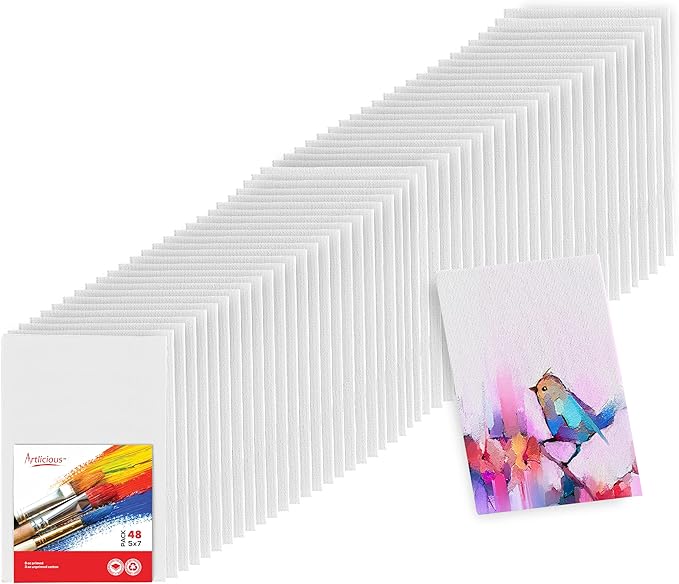 Artlicious Canvases for Painting - Pack of 48, 5 x 7 Inch Blank White Canvas Boards - 100% Cotton Art Panels for Oil, Acrylic & Watercolor Paint