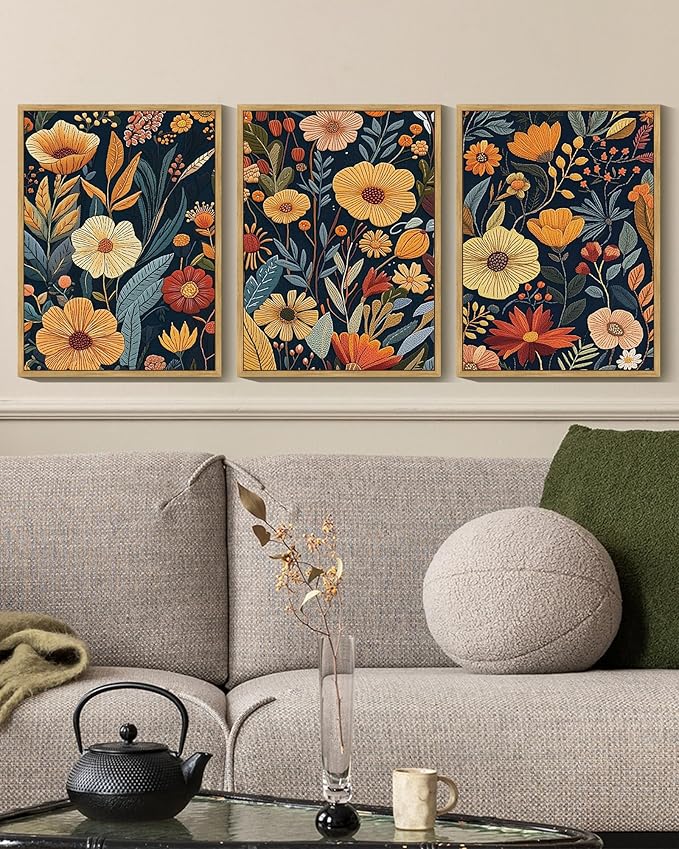KUVIOKE Vintage Flower Framed Wall Art Colorful Boho Floral Wall Decor Botanical Retro Wildflower Modern Artwork Bedroom Living Home Decor 12x16in (Natural Framed)