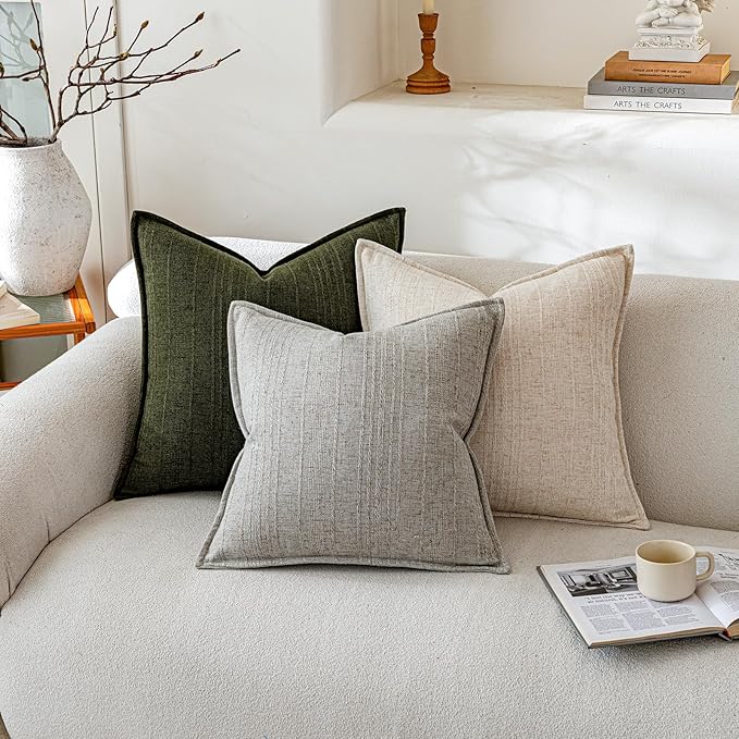 a moment Linen Pillow Covers Set of 2,Boho Farmhouse Throw Pillowcases Neutral Textured Decorative Covers for Couch Sofa,Linen Blend Accent Case Cushion Living Room Home Decor 22"x22"Dark Green