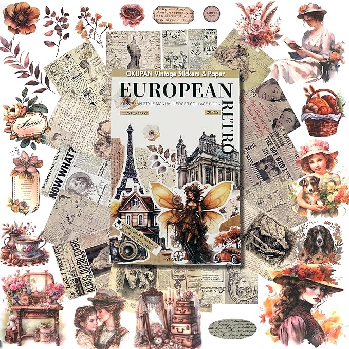 Vintage Scrapbook Stickers and Ephemera Pack – Pre Cut Design Scrapbooking Supplies with 216 Washi Stickers & 30 Papers for Jounk Journaling, Planners, DIY Crafts, Card Making