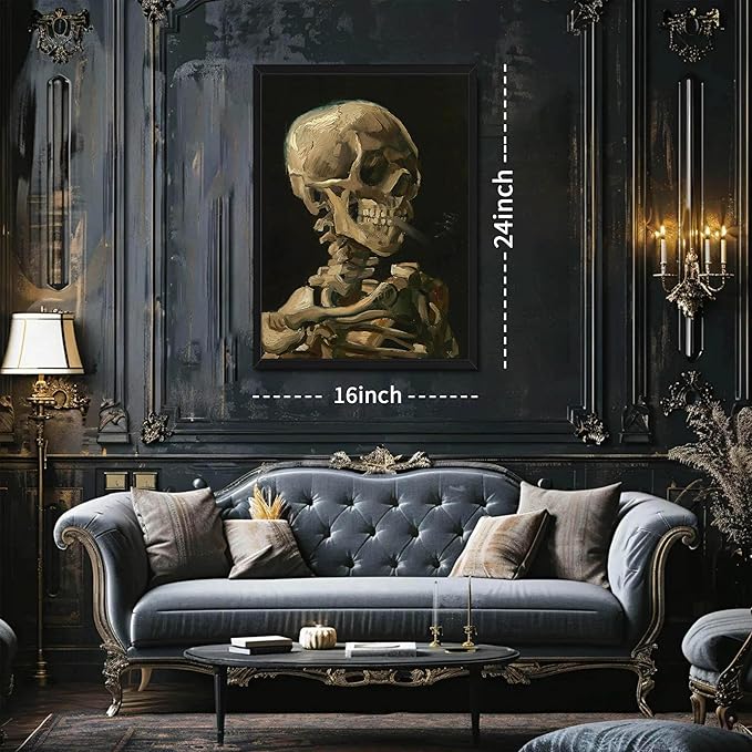 Framed Vincent Van Gogh Skull with Cigarette Canvas Wall Art - Skeleton Paintings Wall Decor, Post-Impressionism Gothic Picture Aesthetic for Halloween Decor Bedroom Living Room Artwork 16x24 inch
