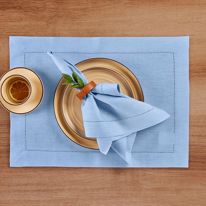 Solino Home Linen Cloth Placemats Set of 4-100% Pure Linen Hemstitch Cornflower Blue Placemats 14 x 19 Inch - Classic Hemstitch Table Place Mats for Spring, Easter
