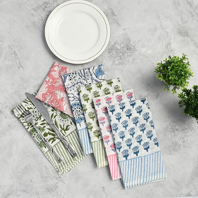 CPC Cloth Napkins 100% Cotton Set of 4 Reusable Napkins, Indian Block Print Toile Floral Dinner Napkin, Fall Thanksgiving Christmas Holiday Party Gift - Soft Absorbent Napkin, 18"x18" Stripe Border