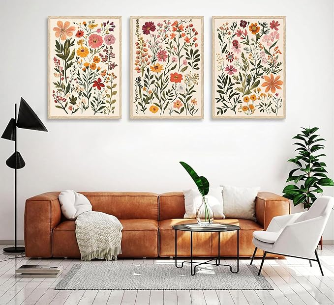 ELESFEK 3Pcs Colorful Wildflower Wall Art Boho Floral Canvas Posters Botanical Prints Flowers Painting Wildflower Nursery Pictures Wall Decor for Living Room Bedroom Unframed
