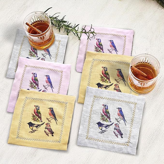 Cocktail Napkins Set of 6, 6x6 inch, 100% Linen, Printed Animal Pattern, Reusable & Washable Cloth Coasters for Beverages, Hosting, Gifting & Everyday Use (Four Birds - Colorful)