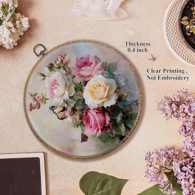 FUGWN Vintage Rose Butterfly Round Wall Art Decor Framed, Cottagecore Floral Botanical Canvas Artwork Prints, Rustic Farmhouse Flower Wall Hanging Decorations for Home Bedroom Living Room, 10x10 Inch