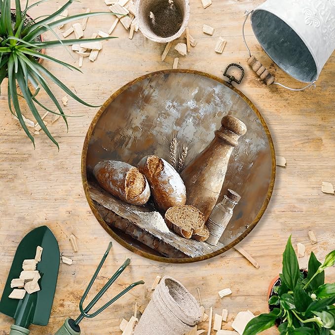 Hiuwevt Vintage Bakery Kitchen Round Wall Art Decor, Rustic Still Life Framed Canvas Prints, Retro Bread Baking Tea Time Round Wall Hanging Decor for Bedroom Home Decorations, 10x10 Inches