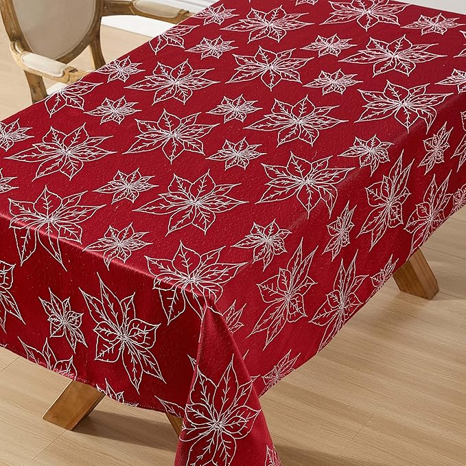 Laura Ashley Tablecloth Raised Woven Embroidered Jacquard Fabric, Wrinkle Resistant for Dining, Holiday, Party, Wedding or Banquet, 60" x 84", Poinsettia Red