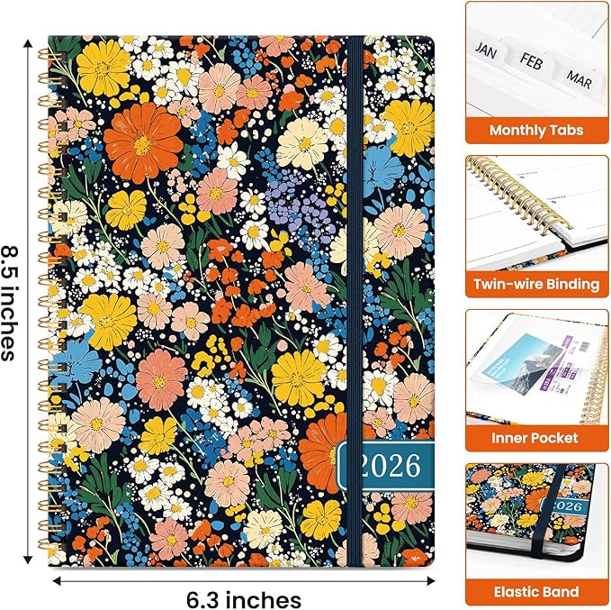 2026 Planner, Weekly and Monthly Calendar Planner for Women, Jan 2026 - Dec 2026, Hardcover Planning Agenda book with Tabs, Spiral Bound, Inner Pocket, Perfect for School Office Supplies, 6.3" x 8.5" - Colorful Blossoms