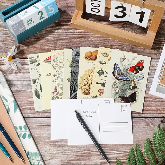 60 PCS Vintage Collection Postcard Set Retro Style Botanical Butterfly Mushroom Nature and Ephemera Postcards for DIY Card Paper