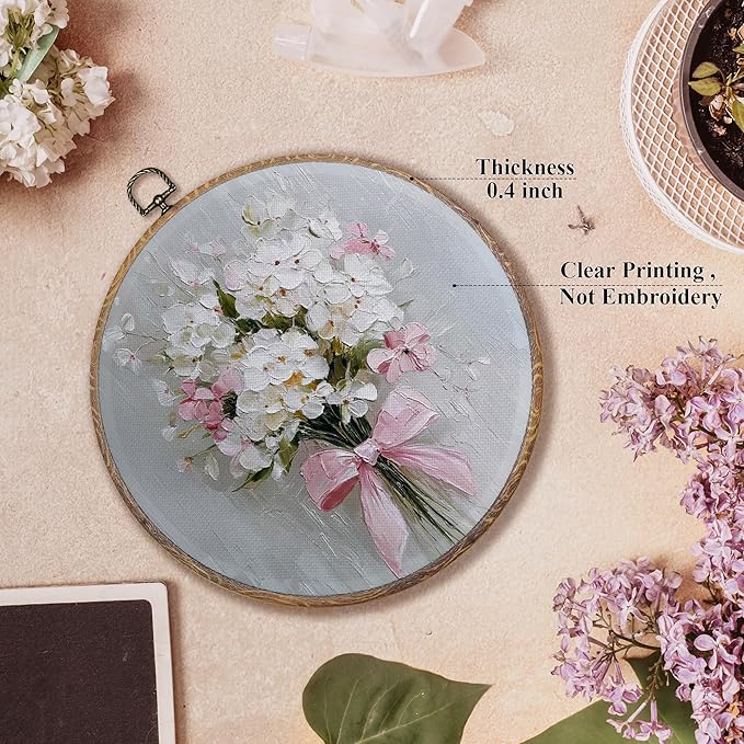 FUGWN Vintage Pink Bow Floral Round Wall Art Decor Framed, Cottagecore Floral Canvas Artwork Prints, Farmhouse Wildflowers Bouquet Wall Hanging Decorations for Home Bedroom Living Room, 10x10 Inch