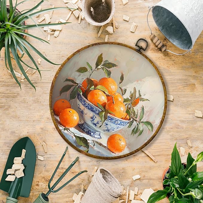 Hiuwevt Chinoiserie Orange Round Wall Art Decor, Retro Still Life Framed Canvas Prints, Blue and White Porcelain Citrus Fruit Round Wall Hanging Decor for Bedroom Home Decorations, 10x10 Inches